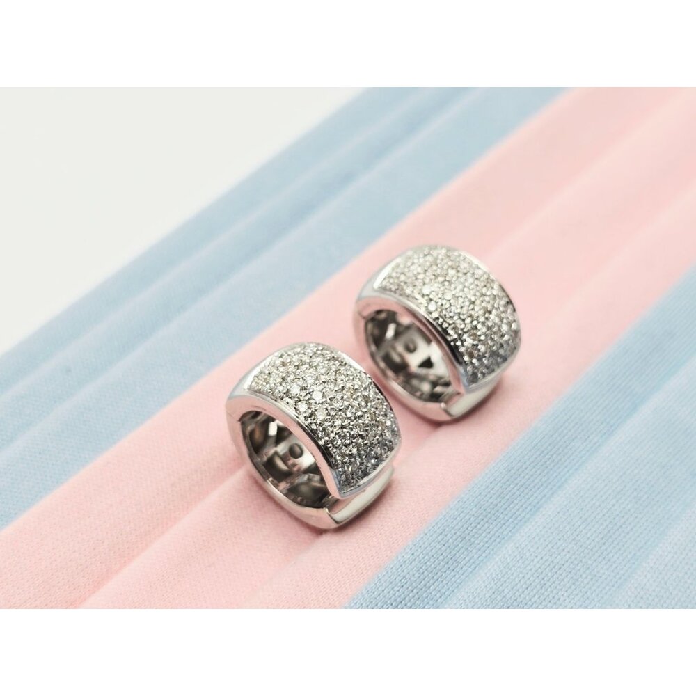 Unique 18K Solid White Gold Designer Round Diamond Hinged Hoop Huggie Earrings